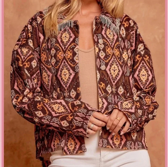 Savanna Jane, New Rhinestone Trim Aztec Print Corduroy Shacket Jacket Size 3X - Picture 1 of 15